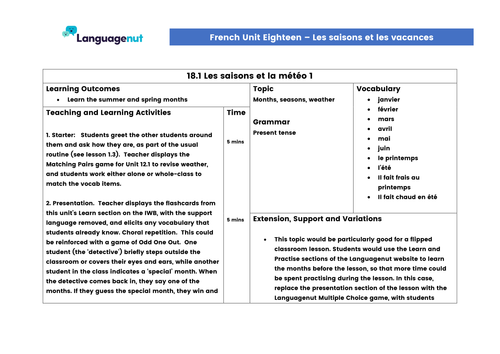 Languagenut Lesson Plans & Resources - French - Unit 18 - Seasons and Holidays