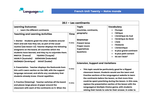 Languagenut Lesson Plans & Resources - French - Unit 20 - Our World