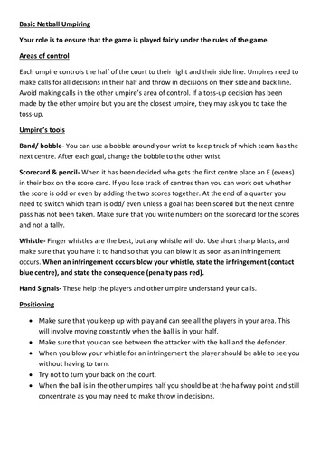 Basic Umpiring Netball Rules Sheet