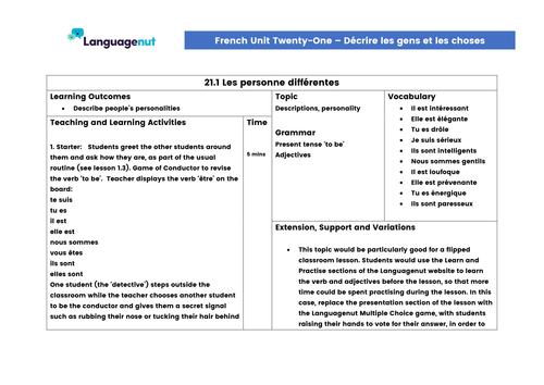 Languagenut Lesson Plans & Resources - French - Unit 21 - Describing people and things