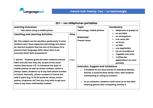 Languagenut Lesson Plans & Resources - French - Unit 22 - Technology