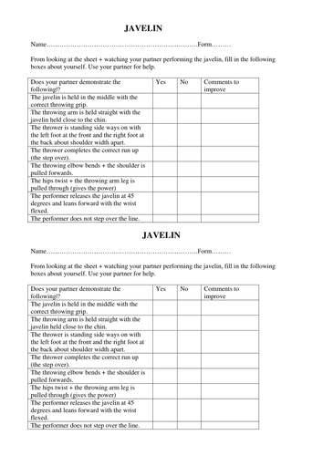 Javelin pupil peer assessment sheet