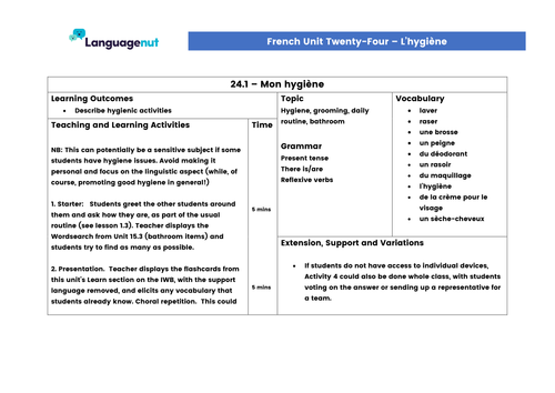 Languagenut Lesson Plans & Resources - French - Unit 24 - Hygiene and Healthcare