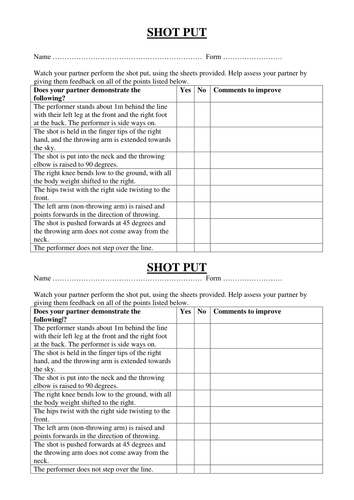 Shot Putt Pupil Peer Assessment sheet