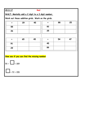 Mental addition 2 digit numbers - Year 2/3 - Plan and resources - Differentiated