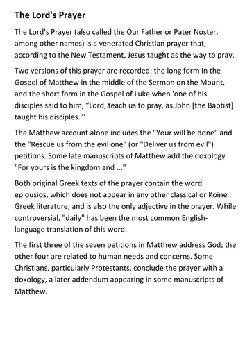 The Lords Prayer Handout