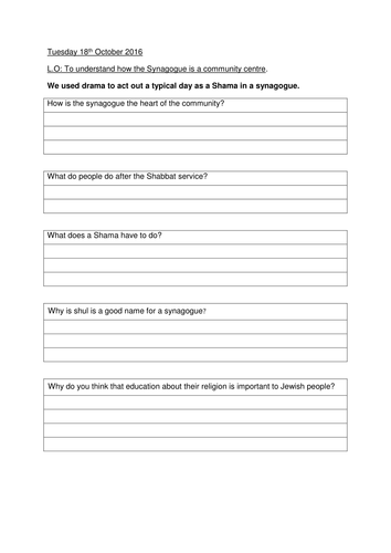 Judaism Synagogue worksheet | Teaching Resources