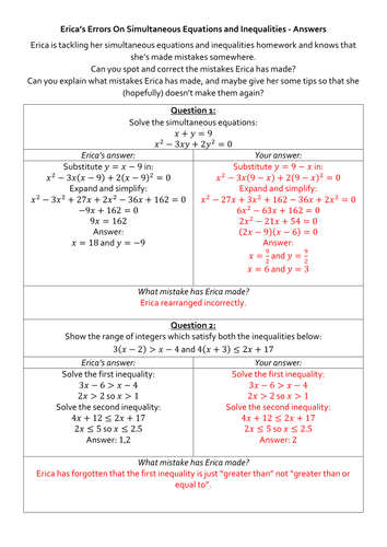 Erica's Errors On Simultaneous Equations and Inequalities