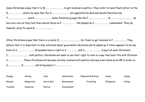 Fill in the gaps - Church and politics