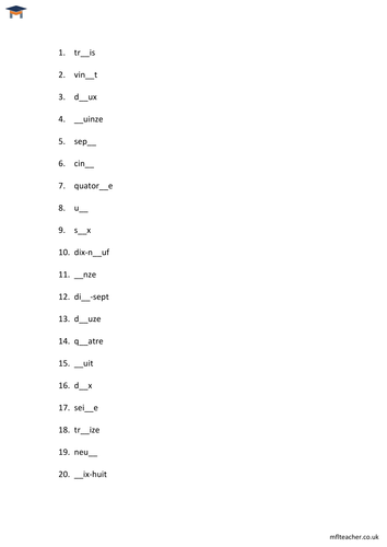 French - Numbers gap-fill worksheet (1 to 20)
