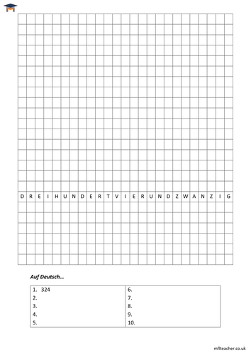 German - Higher numbers homework wordsearch