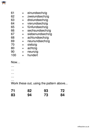 German - Higher numbers logic worksheet