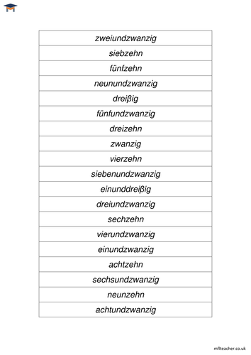 German - Numbers 13 to 31 ordering cards