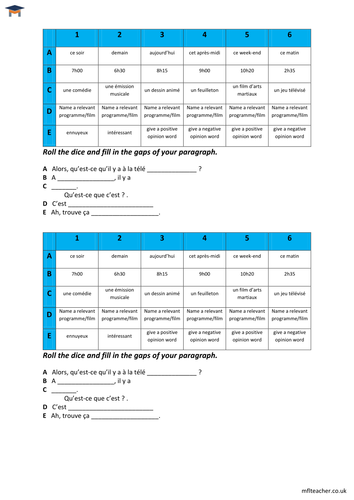 French - Dice pairwork conversation about TV