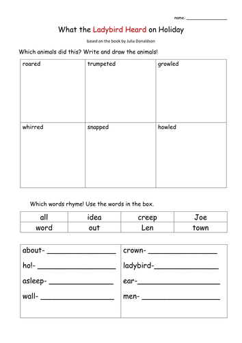 What the ladybird heard on holiday. Worksheets(spelling, comprehension)