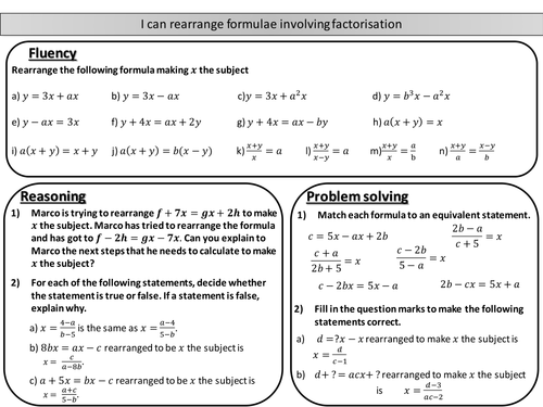 Rearranging formulae / changing the subject involving factorising - mastery worksheet
