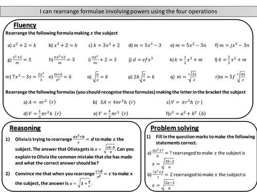 Rearranging formulae / changing the subject - mastery worksheet