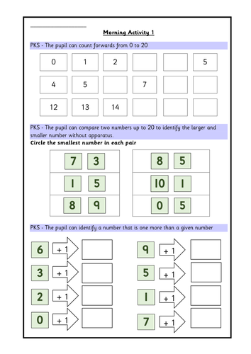 Year 2. Set of Morning Activity Sheets for Pre Key Stage Standards