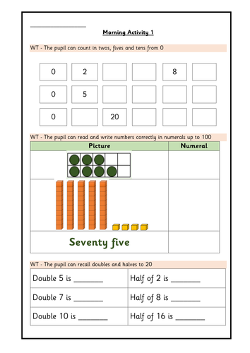 year 2 set of morning activity sheets for working towards the standard teaching resources