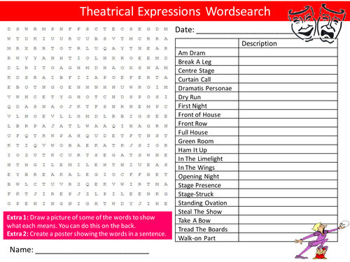 Theatrical Expressions Wordsearch Drama Theatre Starter Activity Homework Cover Lesson Plenary
