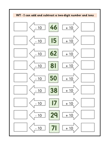 year 2 add and subtract 10 from a 2 digit number wrmh teaching resources