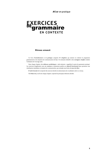 Advanced French Grammar booklet with hundreds of Exercices