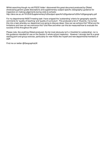 An Outstanding Geography Department INSET/meeting task  using old Ofsted survey visits