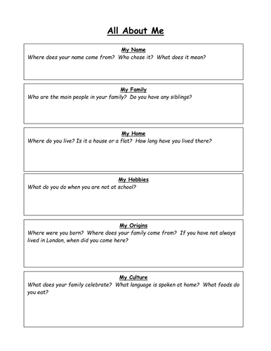 Beginning of term- 'All About Me' simple ice-breaker activity