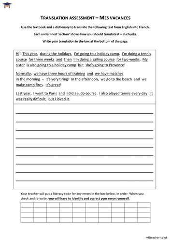 French - Holidays translation worksheet
