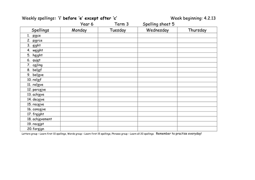 30x Spelling sheets to support for year 5/6 for the whole year