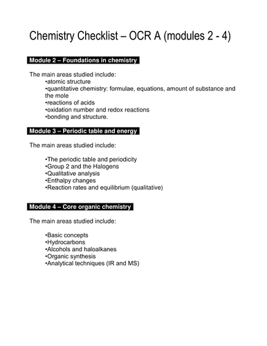 OCR A - AS and A level Chemistry (2015) student  RAG checklists