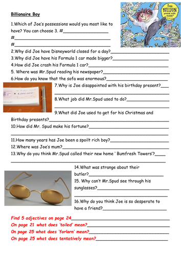 A comprehension activity for the first 8 chapters of Billionaire Boy by David Walliams