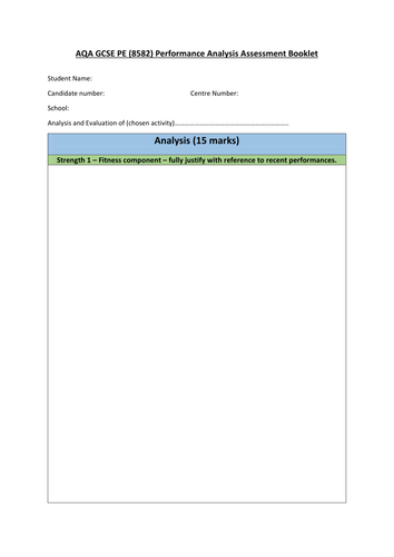 AQA GCSE PE (1-9) Coursework Analysis and Evaluation Booklet Template