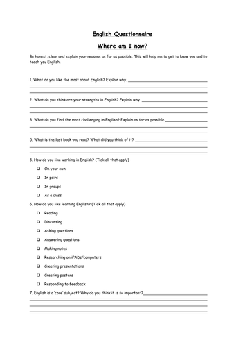 English Questionnaire: Where am I now?