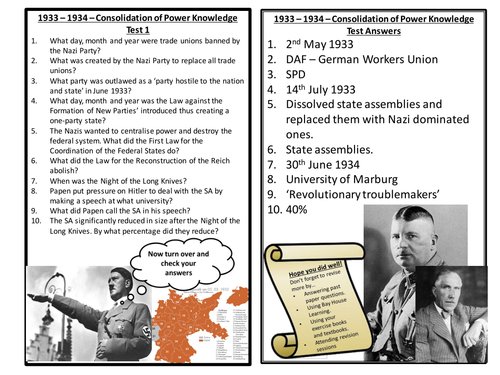 AQA Democracy and Nazism - Consolidation of Power 1933-34 Quizzes