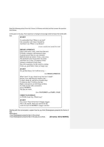 Romeo and Juliet: Extract from Act 5, Scene 3- the theme of fate