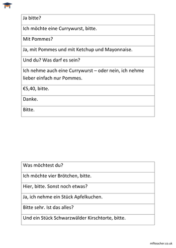 German - Ordering food card sort