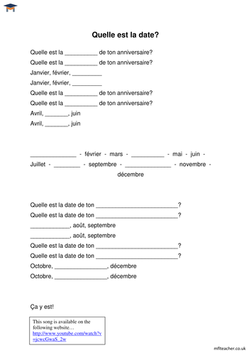 French - Quelle est la date de ton anniversaire? Gap-fill sheet