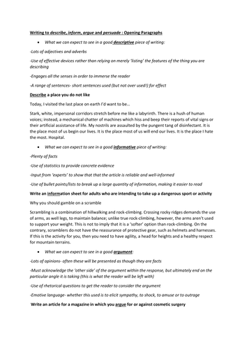Writing to describe, inform, argue and persuade