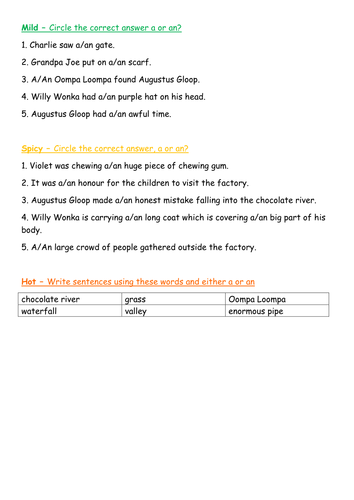 An or A activity - Charlie and the Chocolate Factory