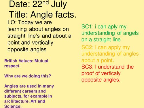Angles about a point, on a straight line and vertically opposite outstanding lesson.