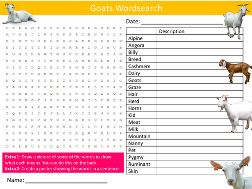 Goats Wordsearch Animals Nature Farm Literacy Starter Activity Homework Cover Lesson