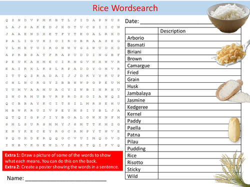Rice Wordsearch Staple Food Technology Starter Settler Activity Homework Cover Lesson
