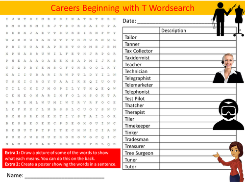 Careers Beginning with T Wordsearch Jobs Literacy Settler Starter Activity Homework Cover Lesson