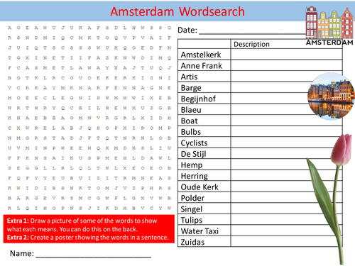 Amsterdam Wordsearch European City Settler Starter Activity Homework Cover Lesson