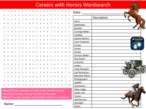 Horses Careers Wordsearch Animals Jobs Starter Settler Activity Homework Cover Lesson