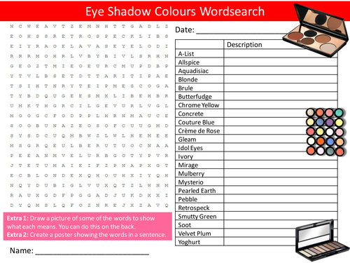 Eye Shadow Colours Shades Wordsearch Art Starter Settler Activity Homework Cover Lesson