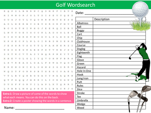 Golf Wordsearch PE Sports Starter Settler Literacy Activity Homework Cover Lesson