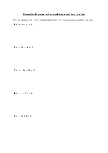 Solving quadratic equations by completing the square | Teaching Resources