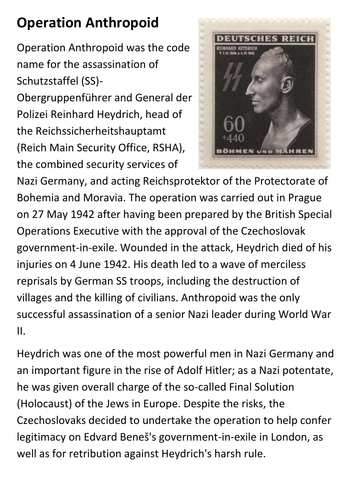 Operation Anthropoid Handout - Assassination of Reinhard Heydrich